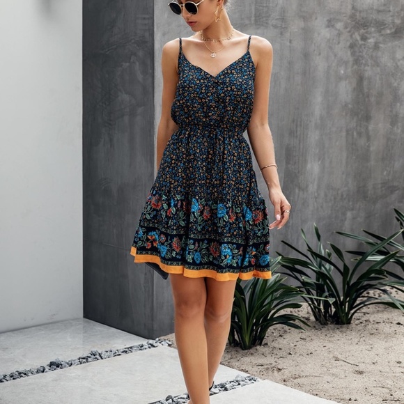 Boho Hippie Gypsy Floral Midi Dress - NAVY - Picture 5 of 8